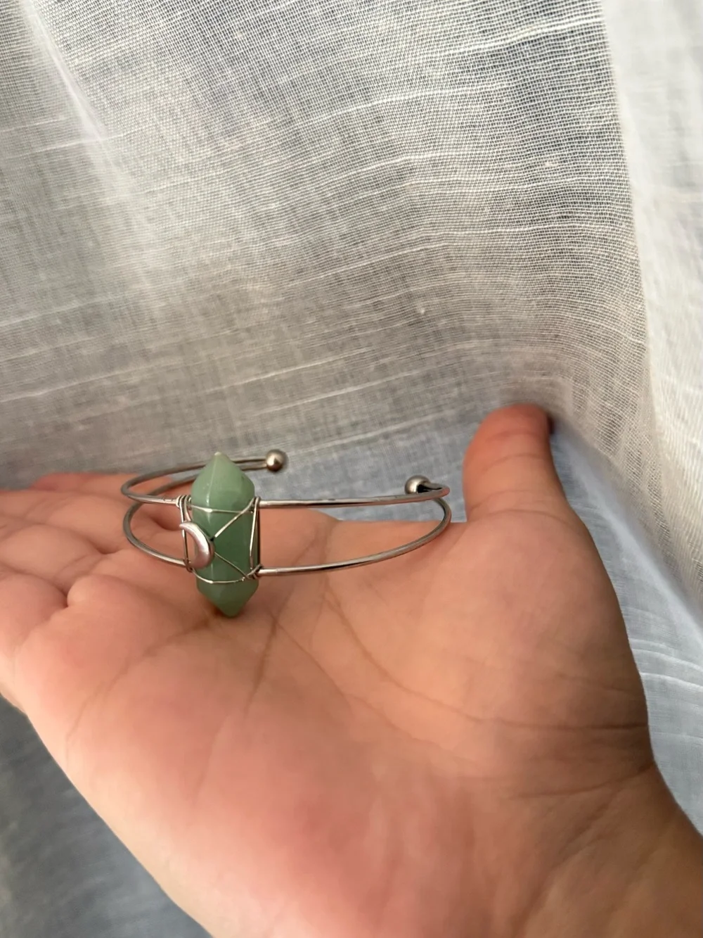 Silver Crescent Moon Aventurine Stone Cuff Bracelet - Green